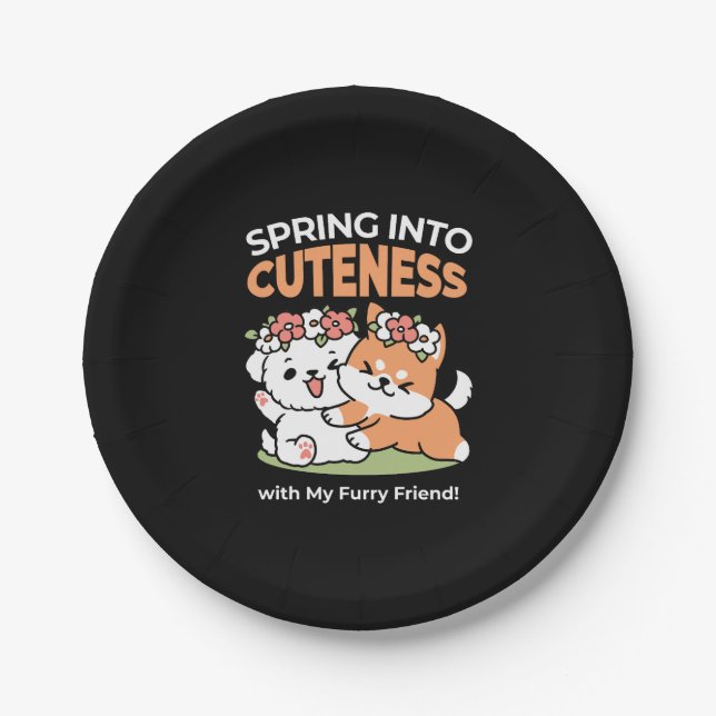 Playful Dogs with Flower Crowns – Fun Spring Theme Paper Plates (Front)