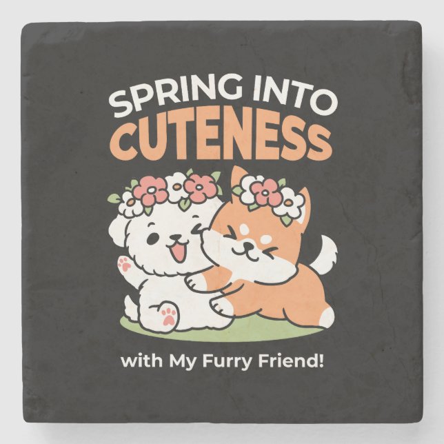 Playful Dogs with Flower Crowns – Fun Spring Theme Stone Coaster (Front)