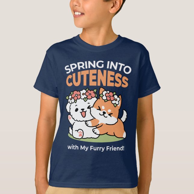 Playful Dogs with Flower Crowns – Fun Spring Theme T-Shirt (Front)