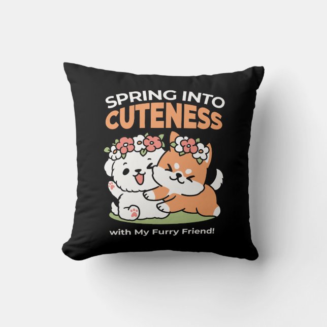 Playful Dogs with Flower Crowns – Fun Spring Theme Throw Pillow (Front)