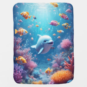Playful Dolphin amidst Colorful Tropical Fish Baby Blanket