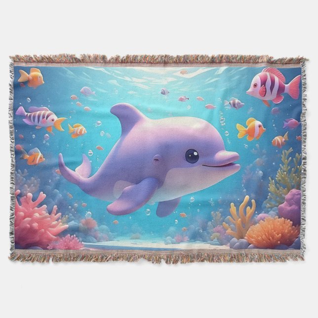 Playful Dolphin amidst Colorful Tropical Fish Throw Blanket (Front)