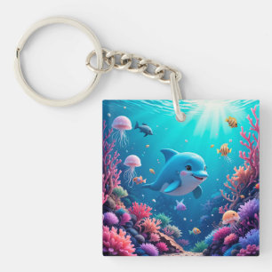 Playful Dolphin and Colorful Marine Life Keychain