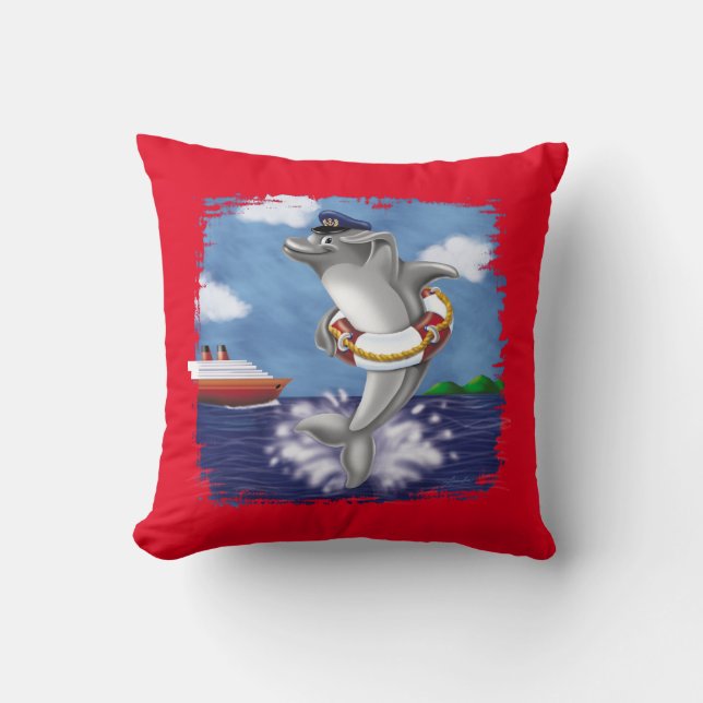 Playful Dolphin Captain – Fun Nautical Adventure Throw Pillow (Front)