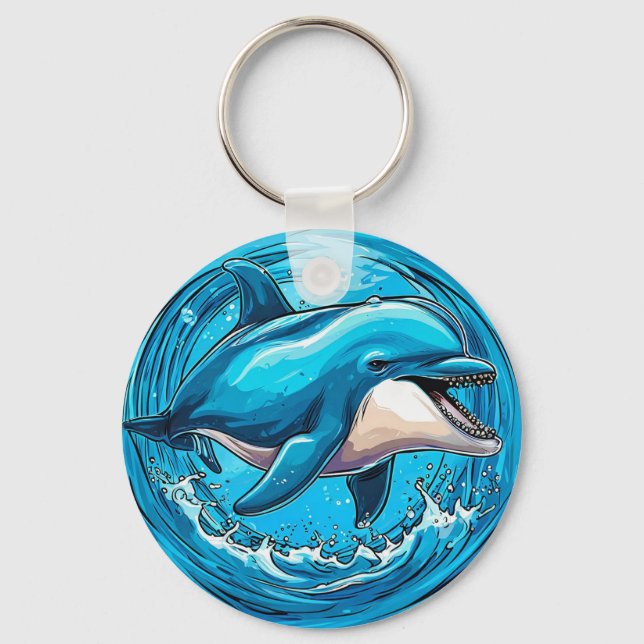Playful Dolphin Jumping in Splashes of Water Keychain (Front)