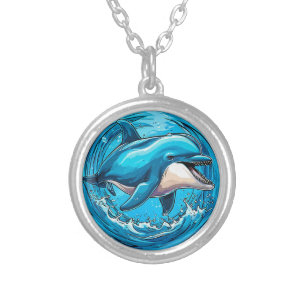 Playful Dolphin Jumping in Splashes of Water Silver Plated Necklace