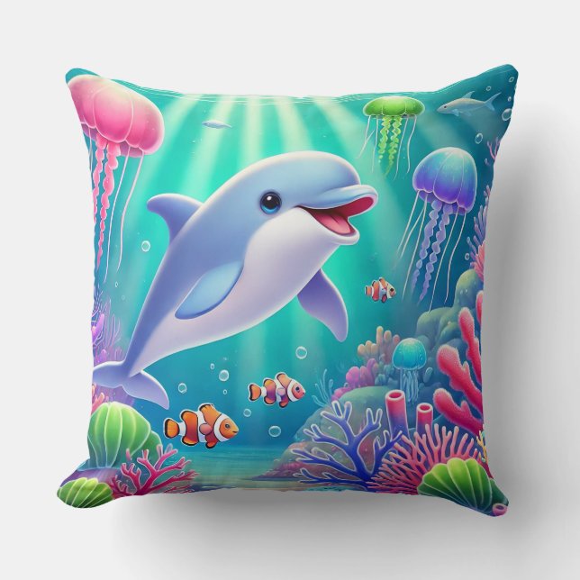 🐬 Playful Dolphin Vibrant Coral Reef Paradise🌊✨  Throw Pillow (Front)