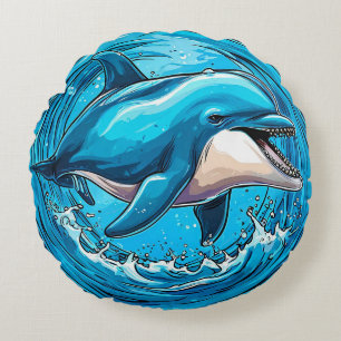 Playful Dolphin Waves For Beach Home Style Round Pillow