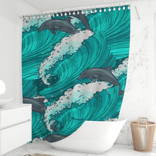 Playful Dolphins And Ocean Waves Shower Curtain