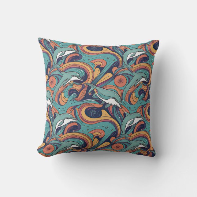 Playful Dolphins Pattern – Ocean-Inspired Design Throw Pillow (Front)
