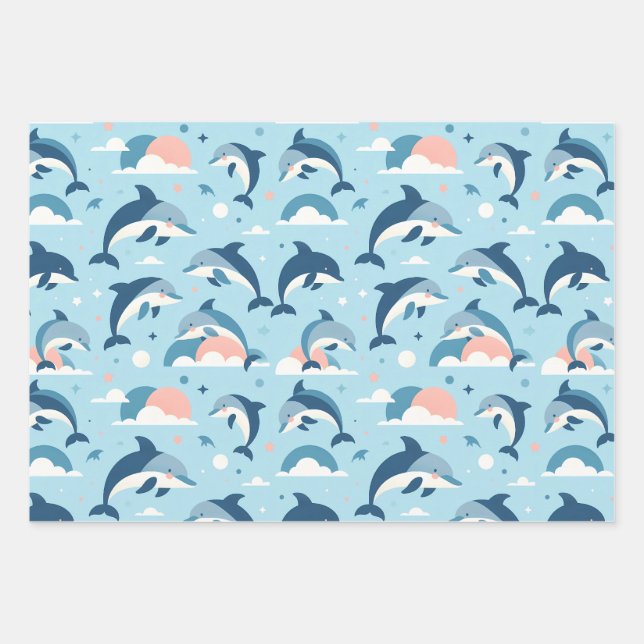 Playful Dolphins Pattern Wrapping Paper Sheets (Front)