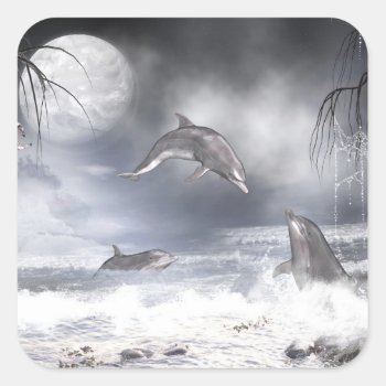 Playful Dolphins Square Sticker by deemac2 at Zazzle