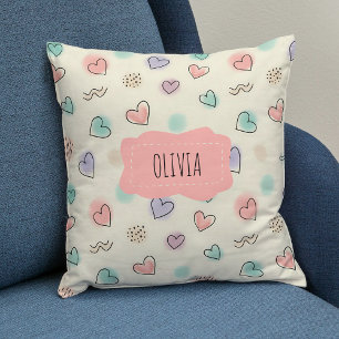 Playful Doodles of Hearts, Dots and Wavy Lines Throw Pillow