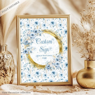 Playful dusty blue flowers gold boy baby custom poster