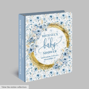 Playful dusty blue flowers gold boy baby memory 3 ring binder
