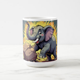 Playful Elephant Pushing a Rock – Fun Cartoon Anim Coffee Mug