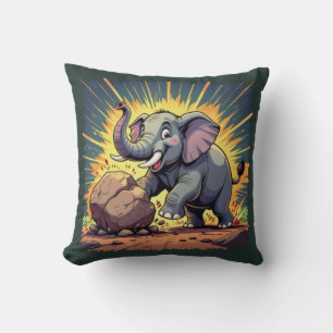 Playful Elephant Pushing a Rock – Fun Cartoon Anim Throw Pillow
