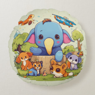 "Playful Elephants: Cartoon River Splash T-Shirt" Round Pillow
