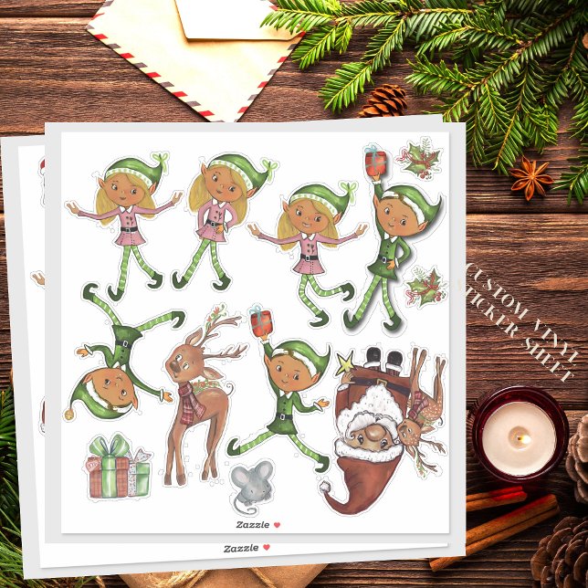 Playful Elves and Dynamic Santa Poses Custom Cut  Sticker (Playful Elves and Dynamic Santa Poses Custom Cut Sticker)