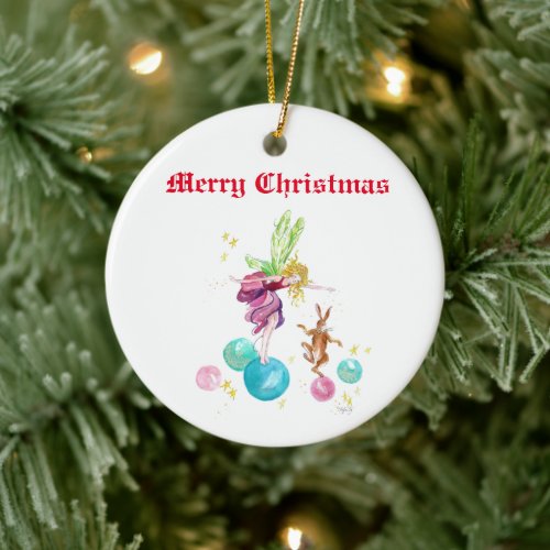 Playful Fairy on Colored Balls with Happy Bunny Ceramic Ornament