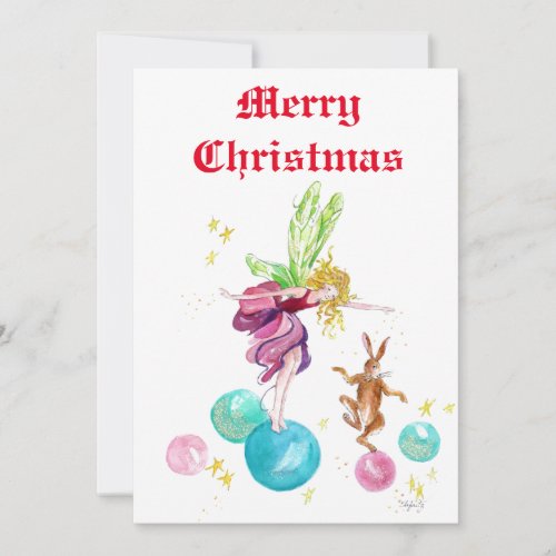 Playful Fairy on Colored Balls with Happy Bunny   Holiday Card
