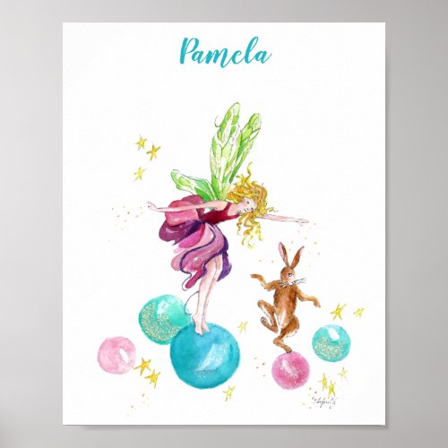 Playful Fairy on Colored Balls with Rabbit Poster