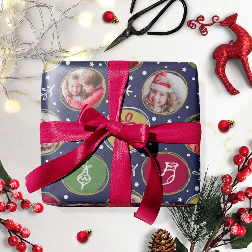 Playful Family Photo Collage Christmas Blue Wrapping Paper