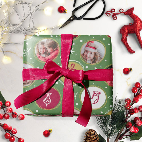 Playful Family Photo Collage Christmas Green Wrapping Paper