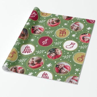 Playful Family Photo Collage Christmas Green Wrapping Paper | Zazzle