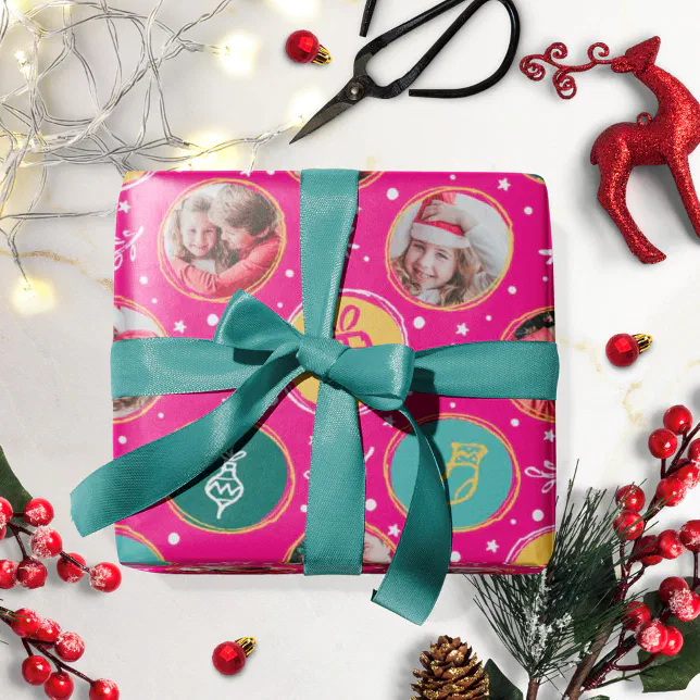 Playful Family Photo Collage Christmas Hot Pink Wrapping Paper
