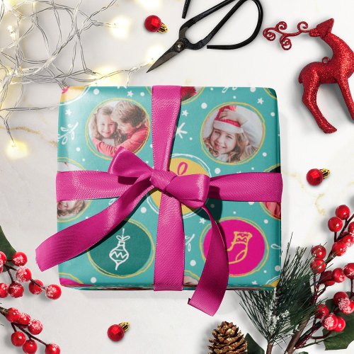 Playful Family Photo Collage Christmas Mint Wrapping Paper