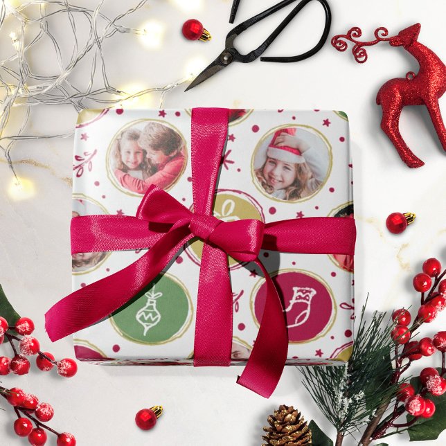Playful Family Photo Collage Christmas White Wrapping Paper (Creator Uploaded)