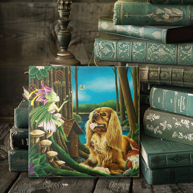 Playful Fantasy Cavalier Spaniel Fairy Sprite Ceramic Tile (Creator Uploaded)