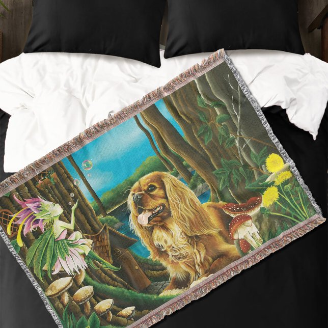 Playful Fantasy Cavalier Spaniel Fairy Sprite Throw Blanket (Creator Uploaded)