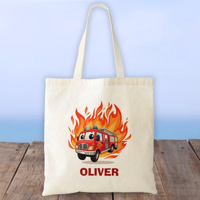 Playful Fire Truck with Flames Personalized Tote Bag (Creator Uploaded)