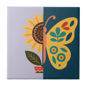 Playful floral and butterfly design ceramic tile