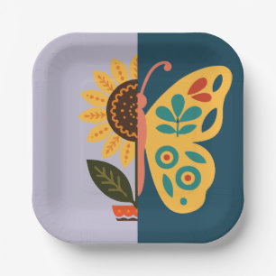Playful floral and butterfly design paper plates