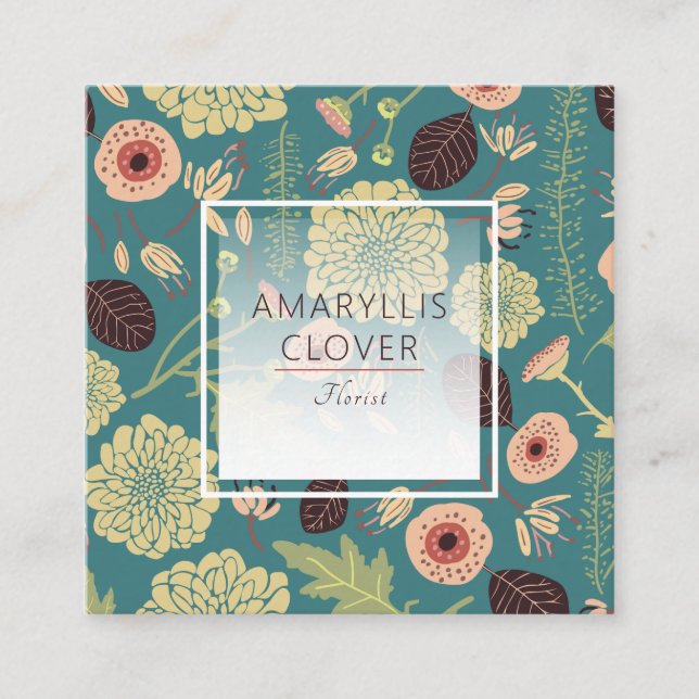 Playful Floral Green Teal Pink Patterned Flowers Square Business Card (Front)