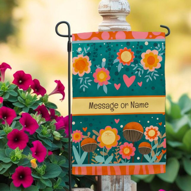 Playful Floral Hearts Custom Name Modern Garden Flag (Creator Uploaded)