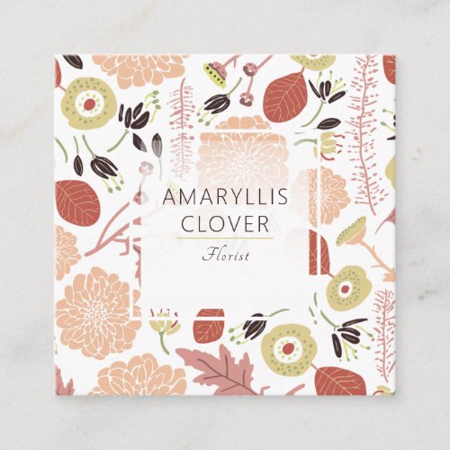 Playful Floral Mix Peach Green Illustrated Flowers Square Business Card