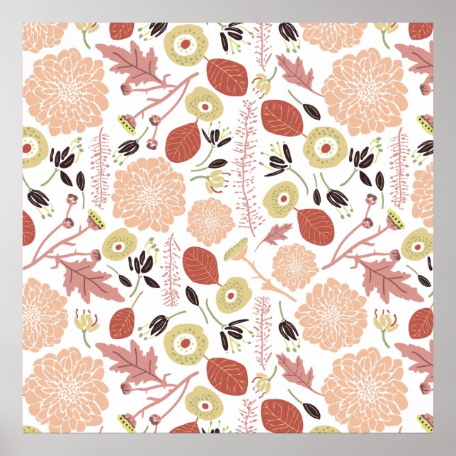 Playful Floral Mix Peach Green Whimsical Flowers Poster (Front)