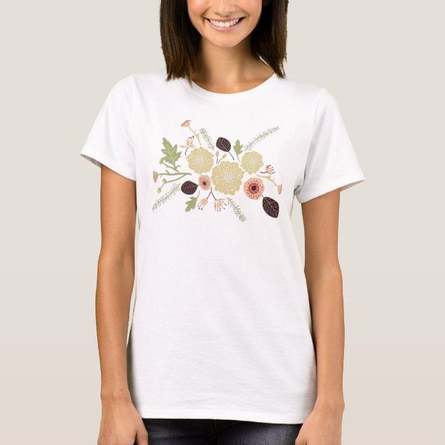Playful Floral Peach Green Motif Flowers T-Shirt (Front)