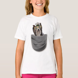 Playful Fluffy Puppy Dog in Pocket T-Shirt