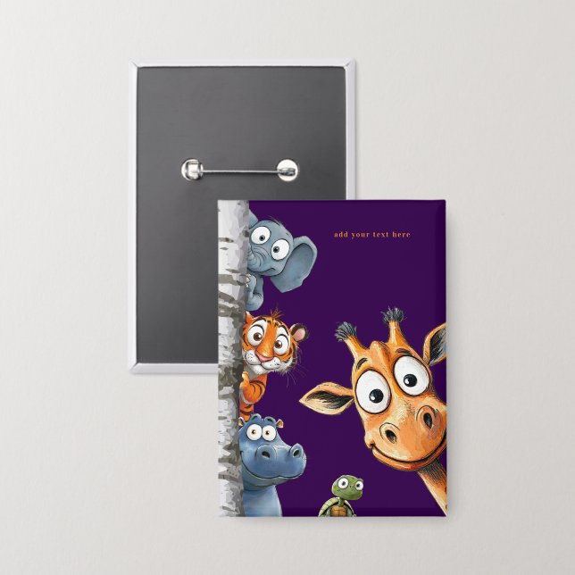 Playful Forest Creatures Purple Square Design Button (Front/Back)