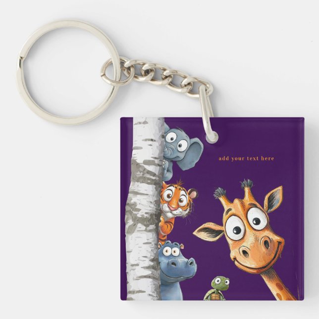 Playful Forest Creatures Purple Square Design Keychain (Front)