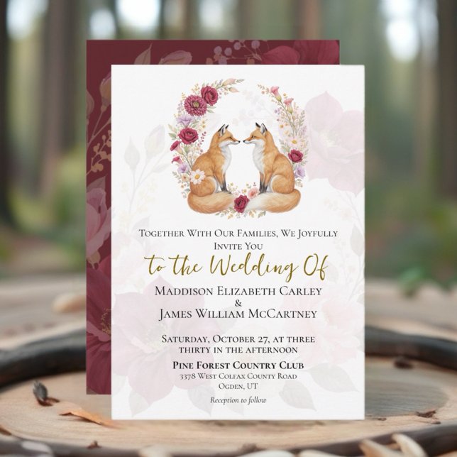 Playful Fox Autumn Floral Wedding Invitation (Creator Uploaded)