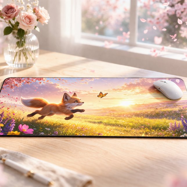Playful Fox Cubs in Spring Blossom Meadow Desk Mat (Foxi Desk Series - Running Fox & Butterfly Gaming Pad)