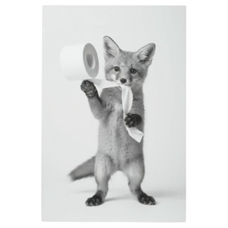Playful Fox Holding Toilet Paper Minimalist Wild Metal Print
