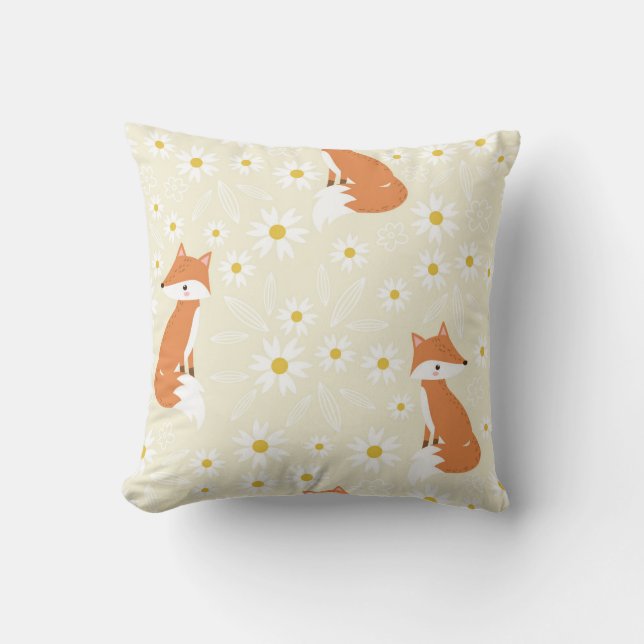 Playful Foxes and Daisies Throw Pillow (Front)