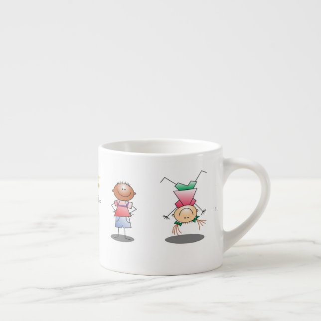 Playful friends drawing on white espresso cup (Right)